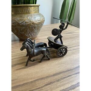 Vintage Bronze Roman Gladiator with Chariot Horses Bronze Metal Sculpture